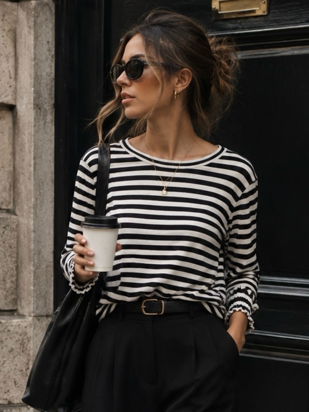 Adrianna Papell Black & White Striped Long-Sleeve Boatneck Top